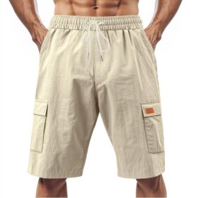 Loose Sports And Leisure Solid Color Linen Drawstring Shorts (Option: M-Khaki with Label)