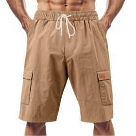 Loose Sports And Leisure Solid Color Linen Drawstring Shorts (Option: M-Brown with Label)