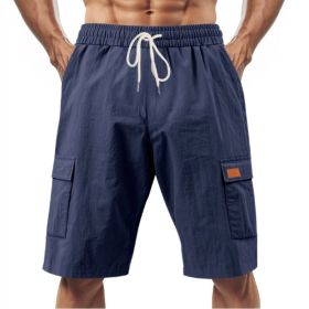 Loose Sports And Leisure Solid Color Linen Drawstring Shorts (Option: XL-Dark Blue with Label)