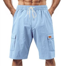 Loose Sports And Leisure Solid Color Linen Drawstring Shorts (Option: S-Light Blue with Label)